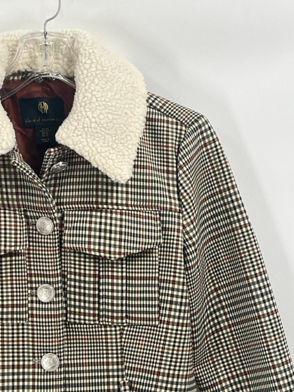 House of Harlow Cropped Plaid Sherpa Jacket Sz XS Y2K Revival Preppy Cozy Glam - Picture 2 of 6